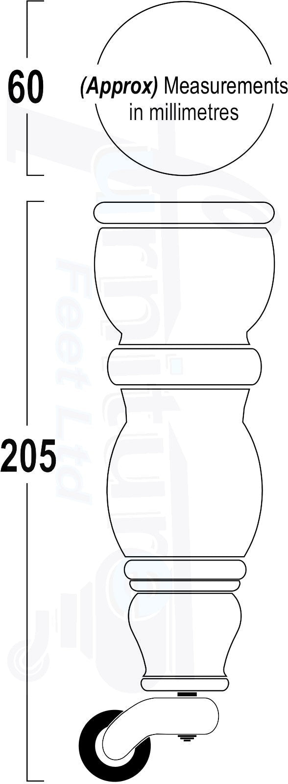 4 Turned Wood Furniture Feet With Antique Vase Castor 205mm High Legs Mahogany Finish M8 Sofas Chairs Stools Cabinets 8 Inches Tall 