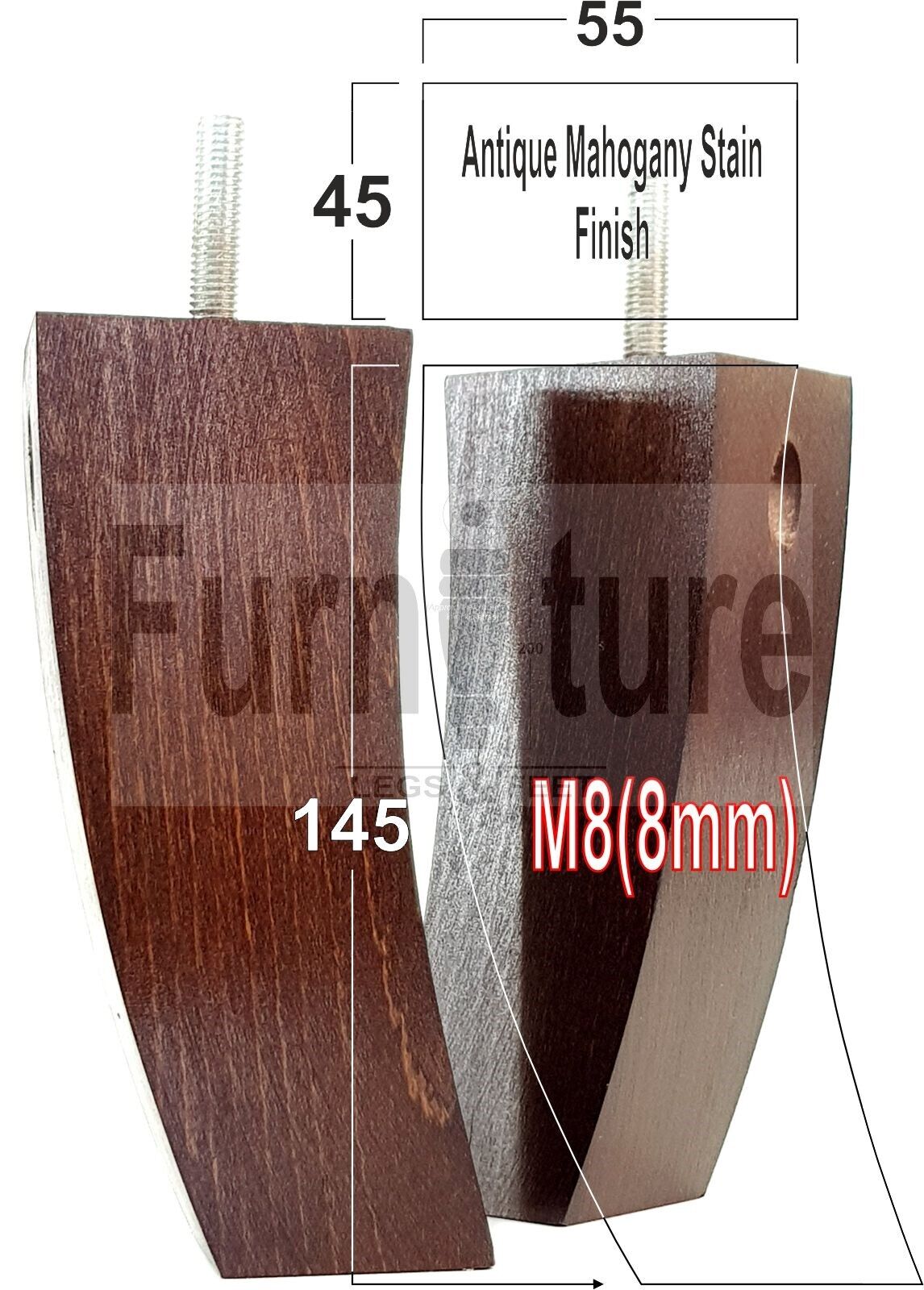 Set Of 4 Solid Wood Curved Furniture Feet Replacement Legs 145mm High M8(8mm)