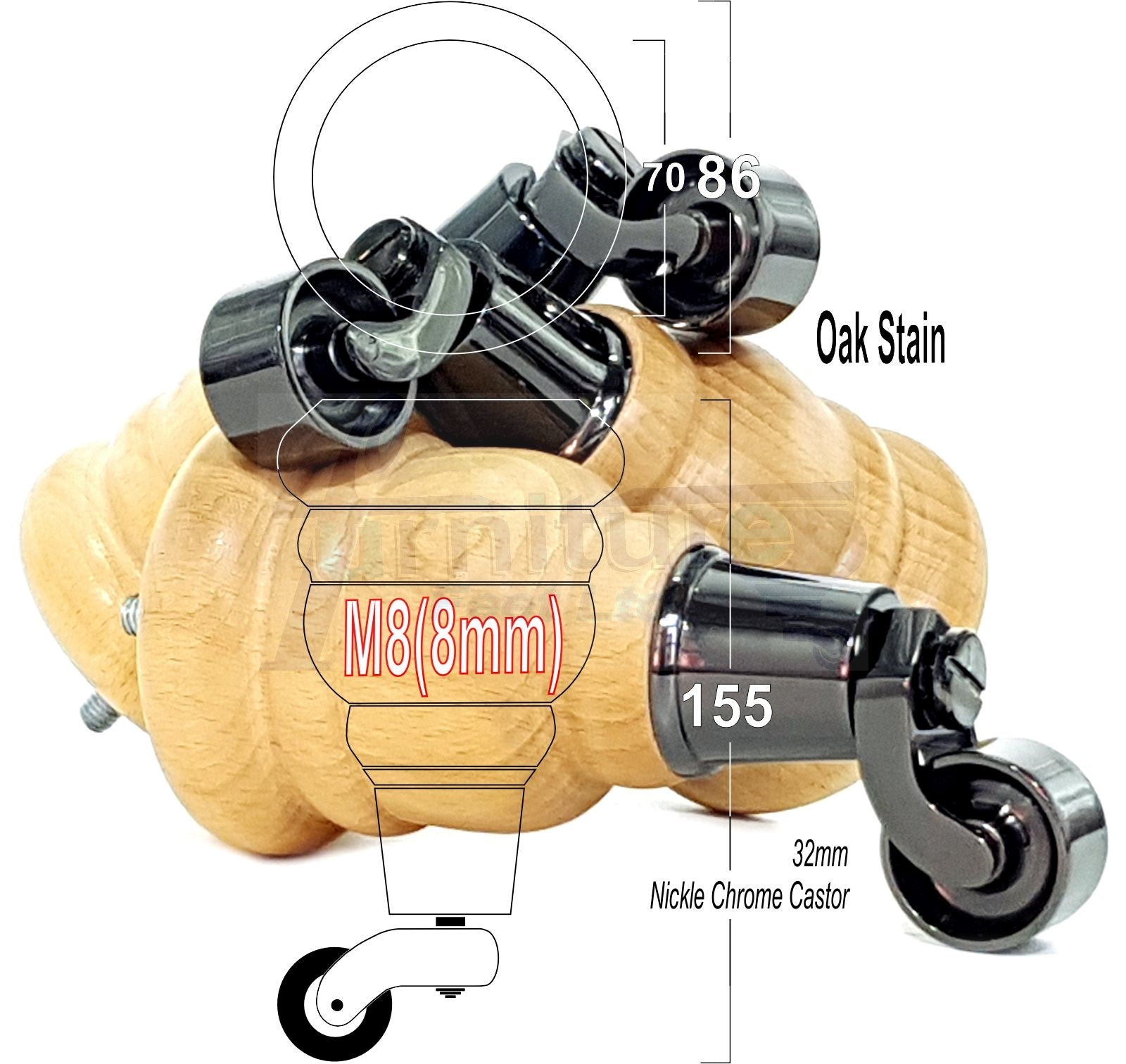 4 Turned Wood Furniture Feet With Black Chrome Castors 155mm Legs Sofas Chairs Stools Cabinets Beds M8 6 Inches