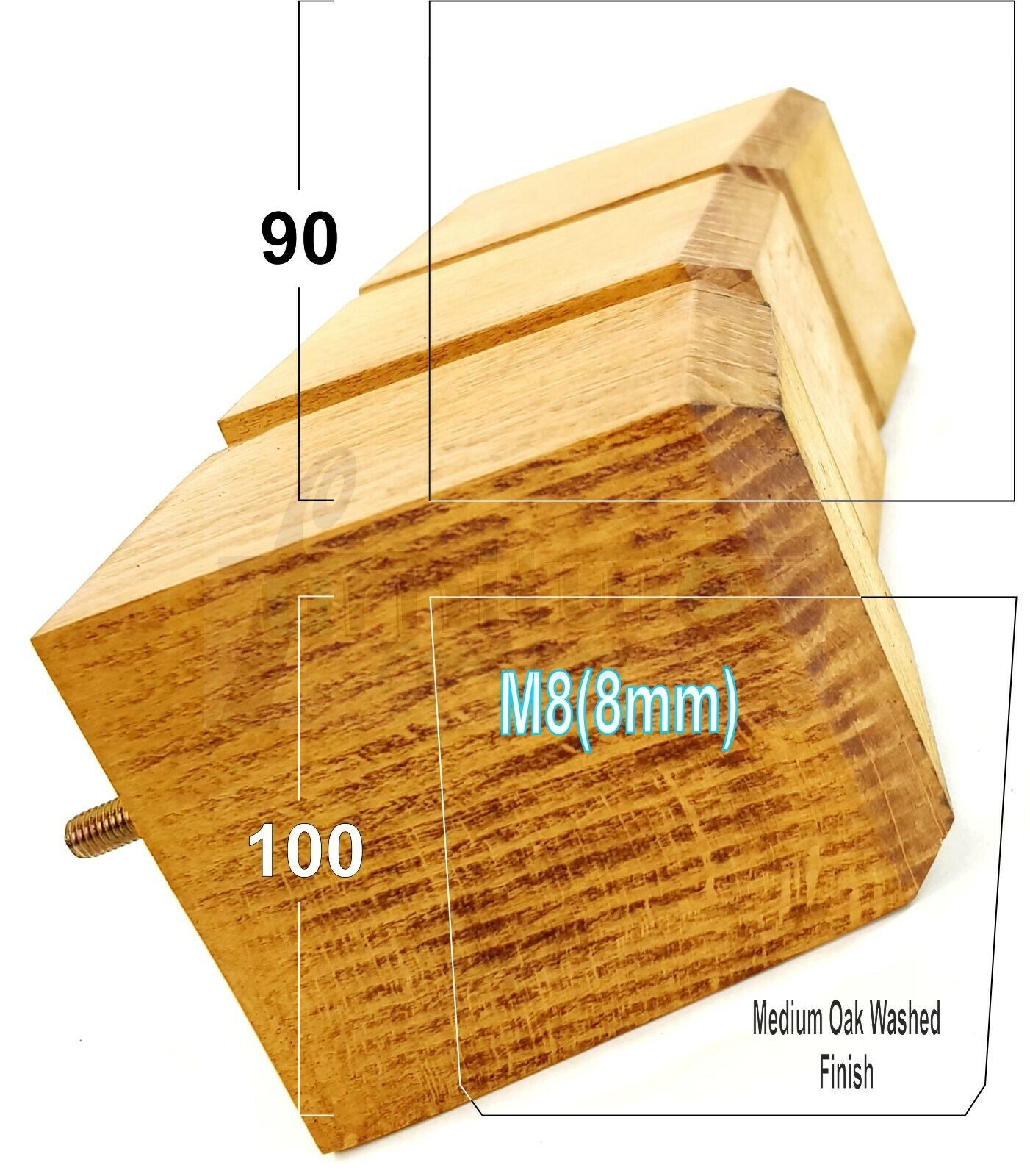 4x Solid Wood Square Furniture Legs Block Replacement Feet 100mm M8(8mm)