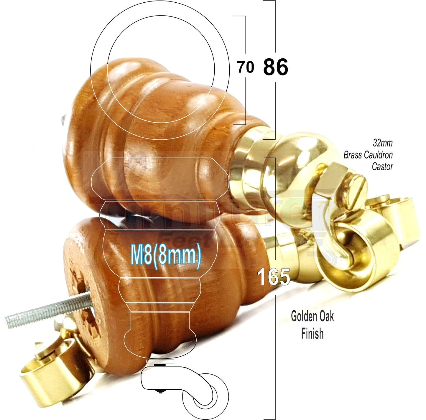 4 Turned Wood Furniture Feet With Brass Cauldron Castors 160mm Legs Sofas Chairs Stools Cabinets Beds M8 6 Inches