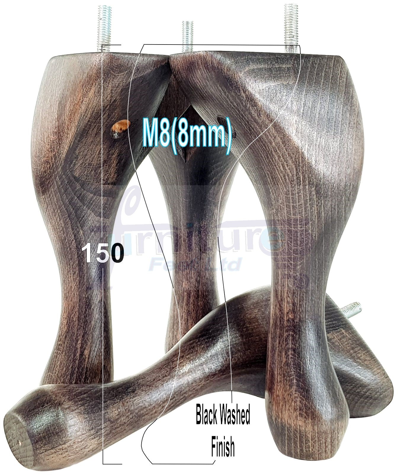 4 Solid Wood Furniture Feet 150mm High Queen Anne Replacement Legs M8 (8mm) 6 Inches Chair Stools Bed Sofa Georgian Style