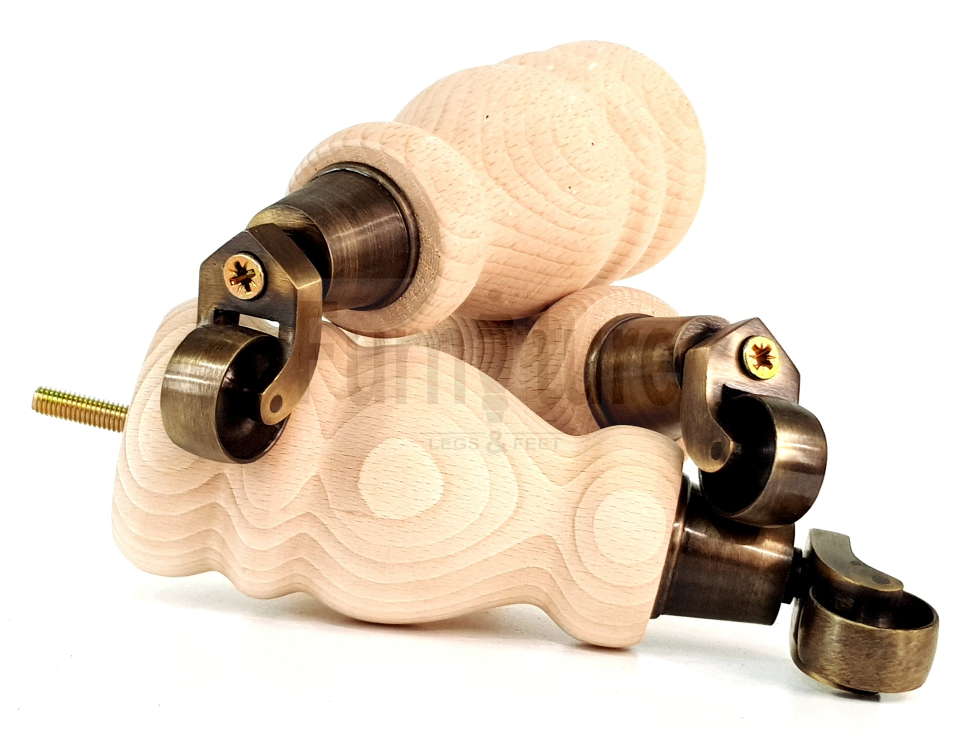 Set Of 4 Wooden Turned Replacement Furniture Legs 200mm High With Antique Brass Castor Wheels 8mm Thread