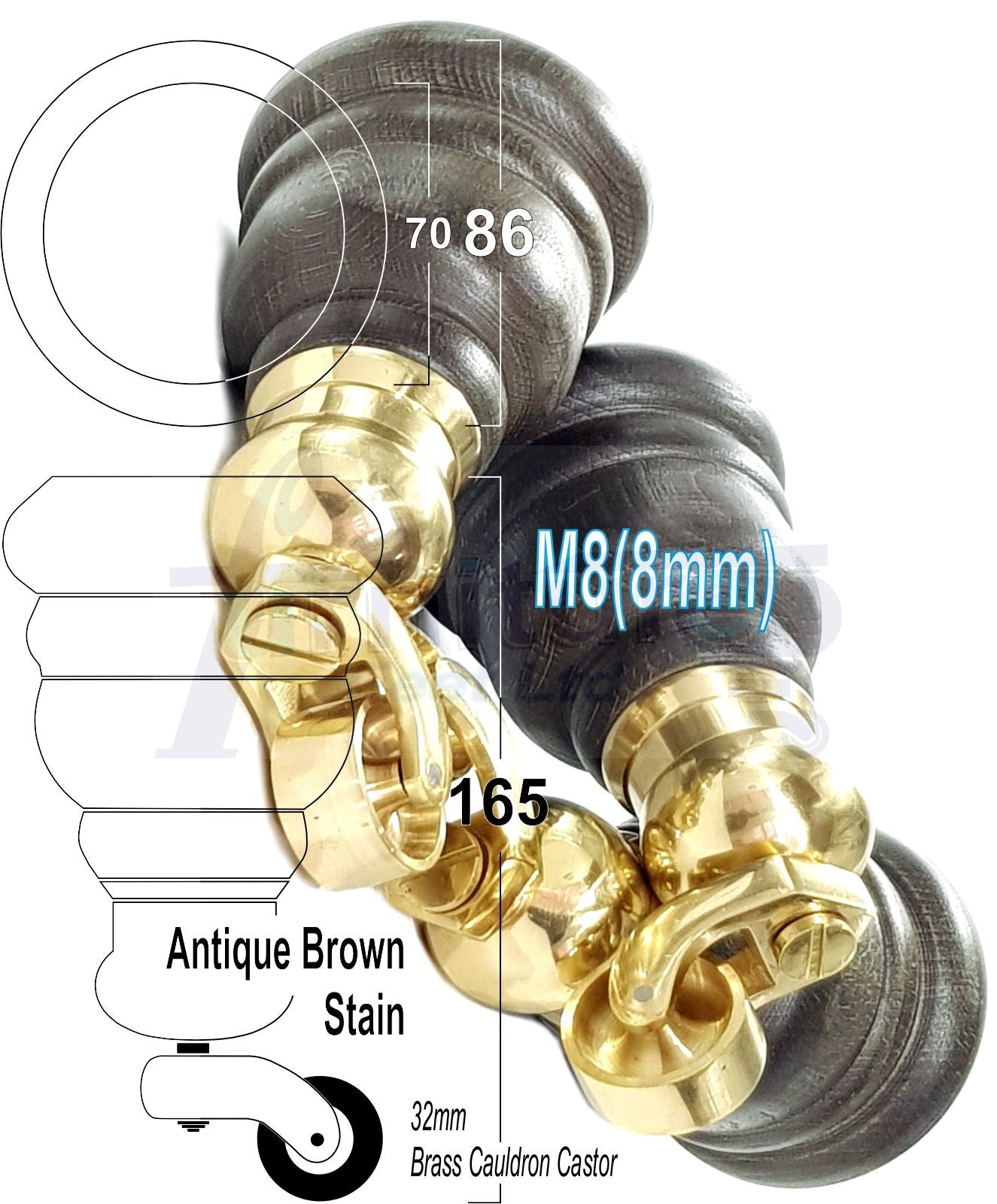 4 Turned Wood Furniture Feet With Brass Cauldron Castors 160mm Legs Sofas Chairs Stools Cabinets Beds M8 6 Inches