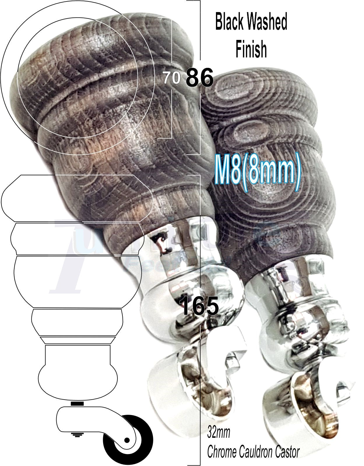 4 Turned Wood Furniture Feet With Chrome Cauldron Castors 155mm Legs Sofas Chairs Stools Cabinets Beds M8 6 Inches