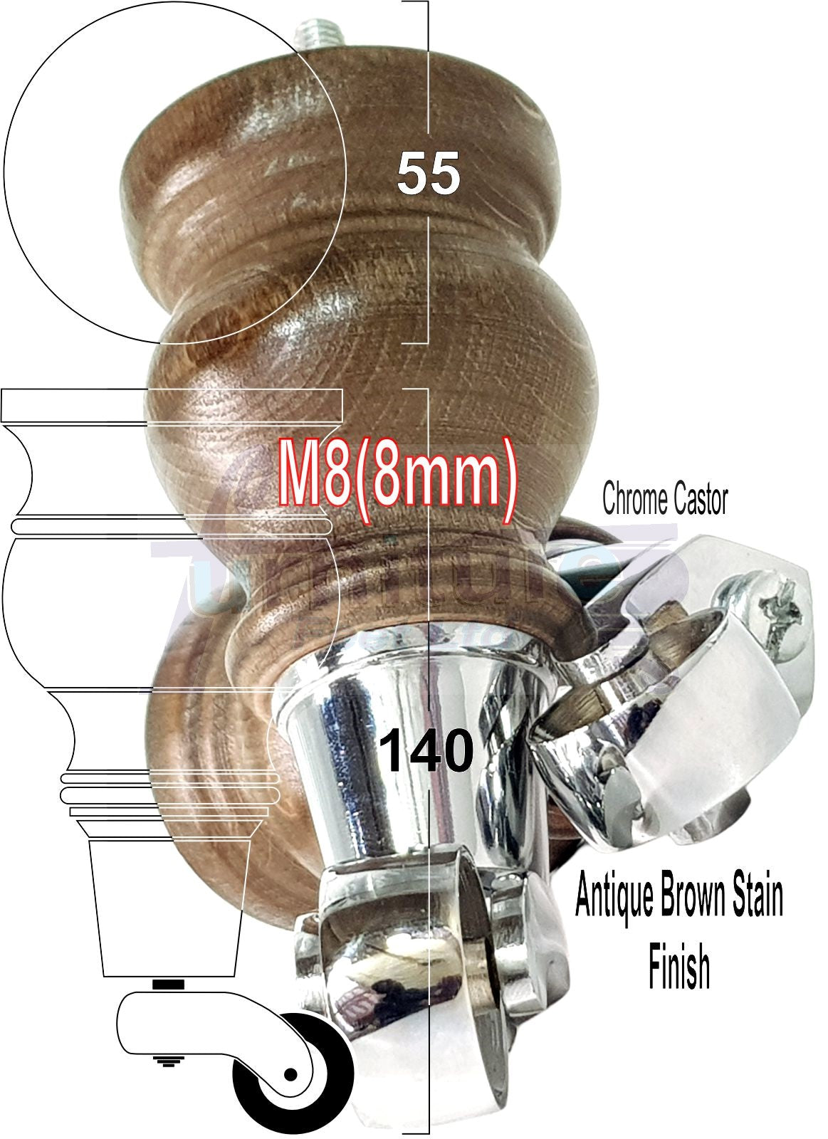 4x Turned Wood Furniture Legs With Chrome Castor 150mm High M8 For Settees Chairs & Cabinets