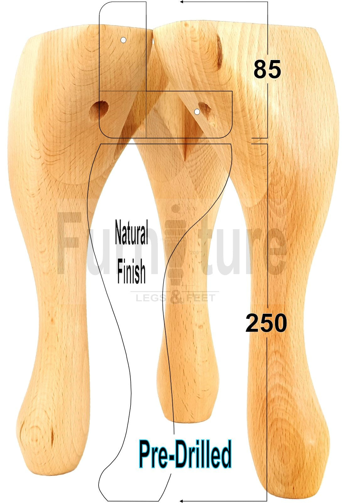 4 Wooden Traditional Queen Anne Furniture Legs 250mm Sofa Chair Beds (Self-Fix)