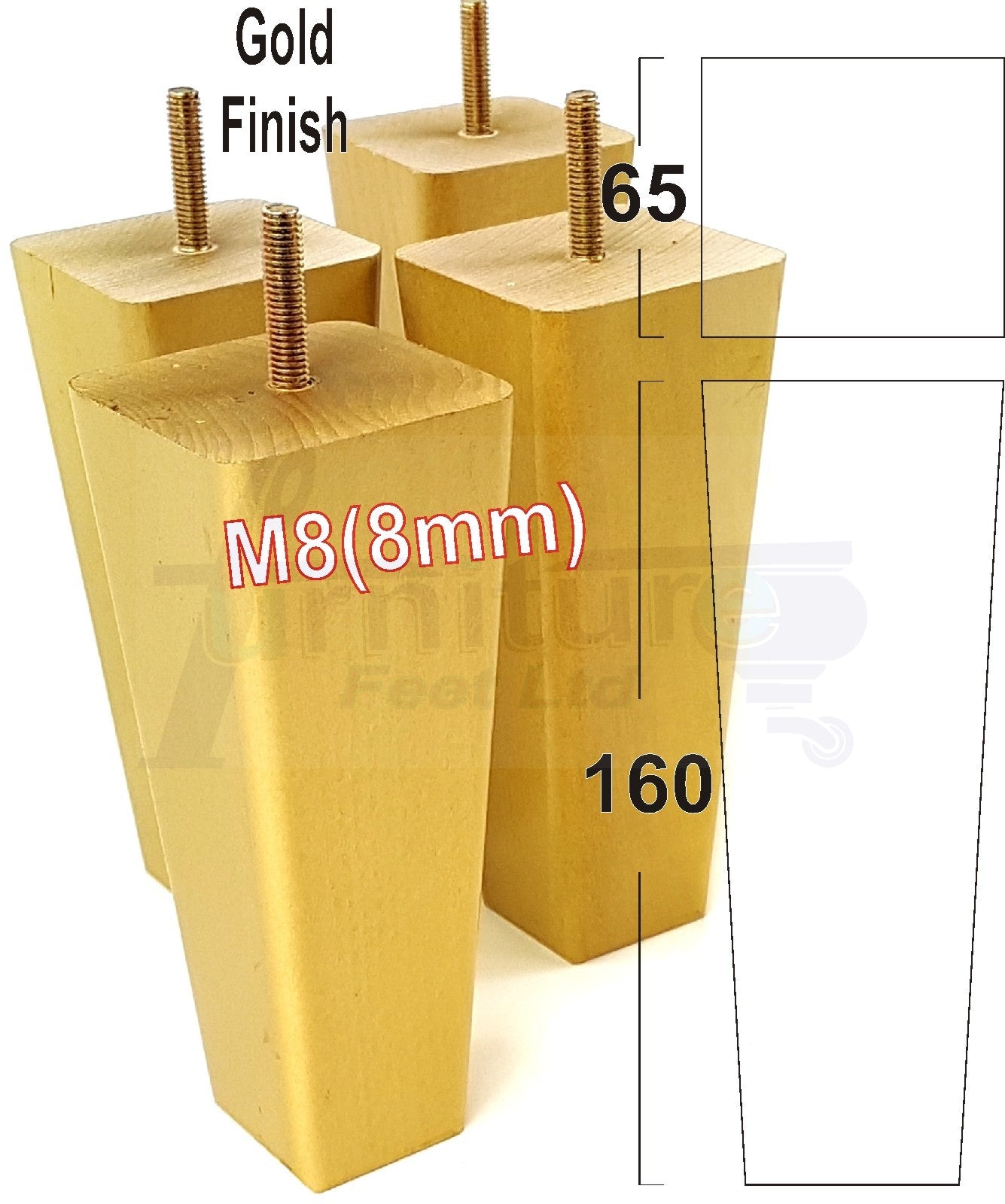 4x Wooden Furniture Legs 160mm High Replacement Square Tapered Feet 8mm