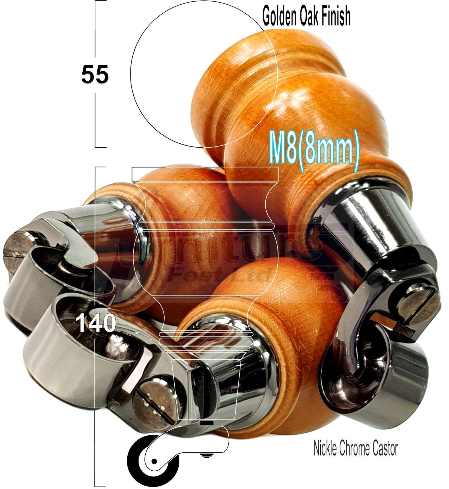 Set Of 4 Turned Wood Furniture Legs With 150mm High Castor 8mm Thread For Chairs Settees & Cabinets Golden Oak Finish