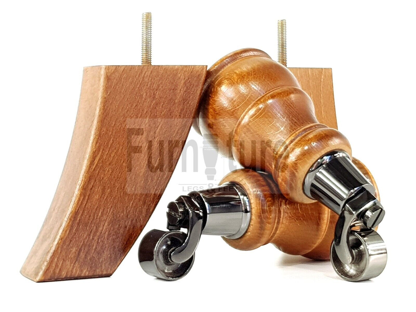 2 Wooden Castor Furniture Sofa Legs & 2 Curved Back Feet  Dark Oak Stain M8 Chair Settee Feet 160mm High