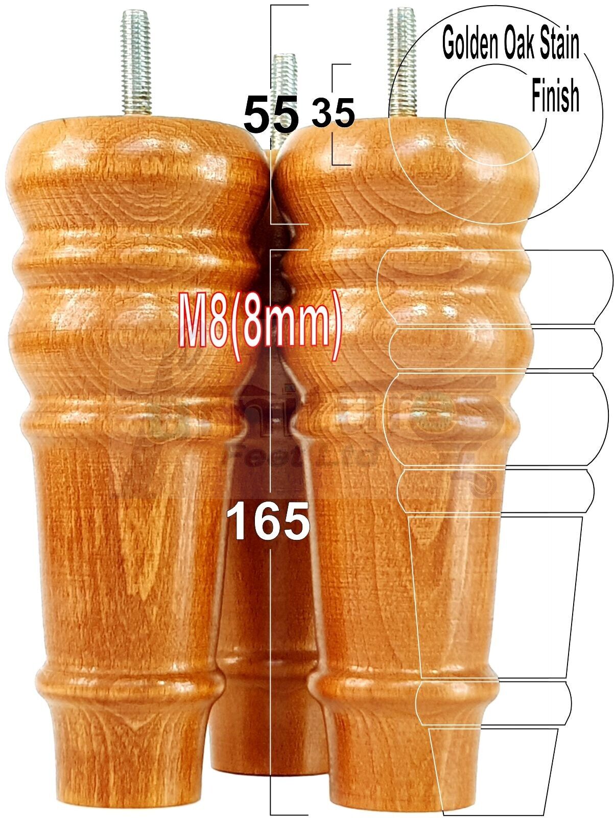 4 Wood Turned Furniture Legs Replacement Bun Feet 165mm High Multiple Colours 6.5 Inches Chairs Stools Sofa's Beds Settee Cabinets M8
