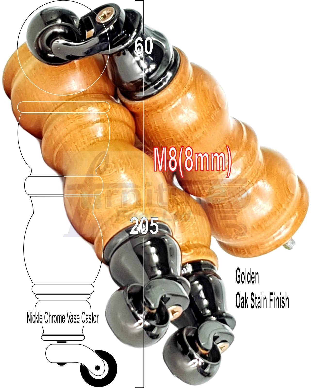 Solid Wood Furniture Feet With Castors Set of 4 Legs 205mm High For Sofas Chairs Stools Cabinets & Beds M8