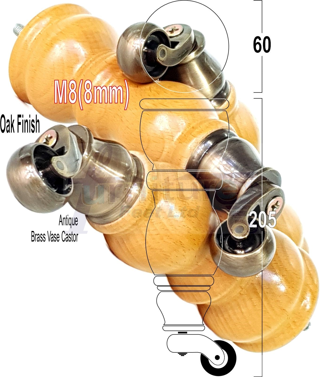Solid Wood Furniture Feet With Castors Set of 4 Legs 205mm High For Sofas Chairs Stools Cabinets & Beds M8