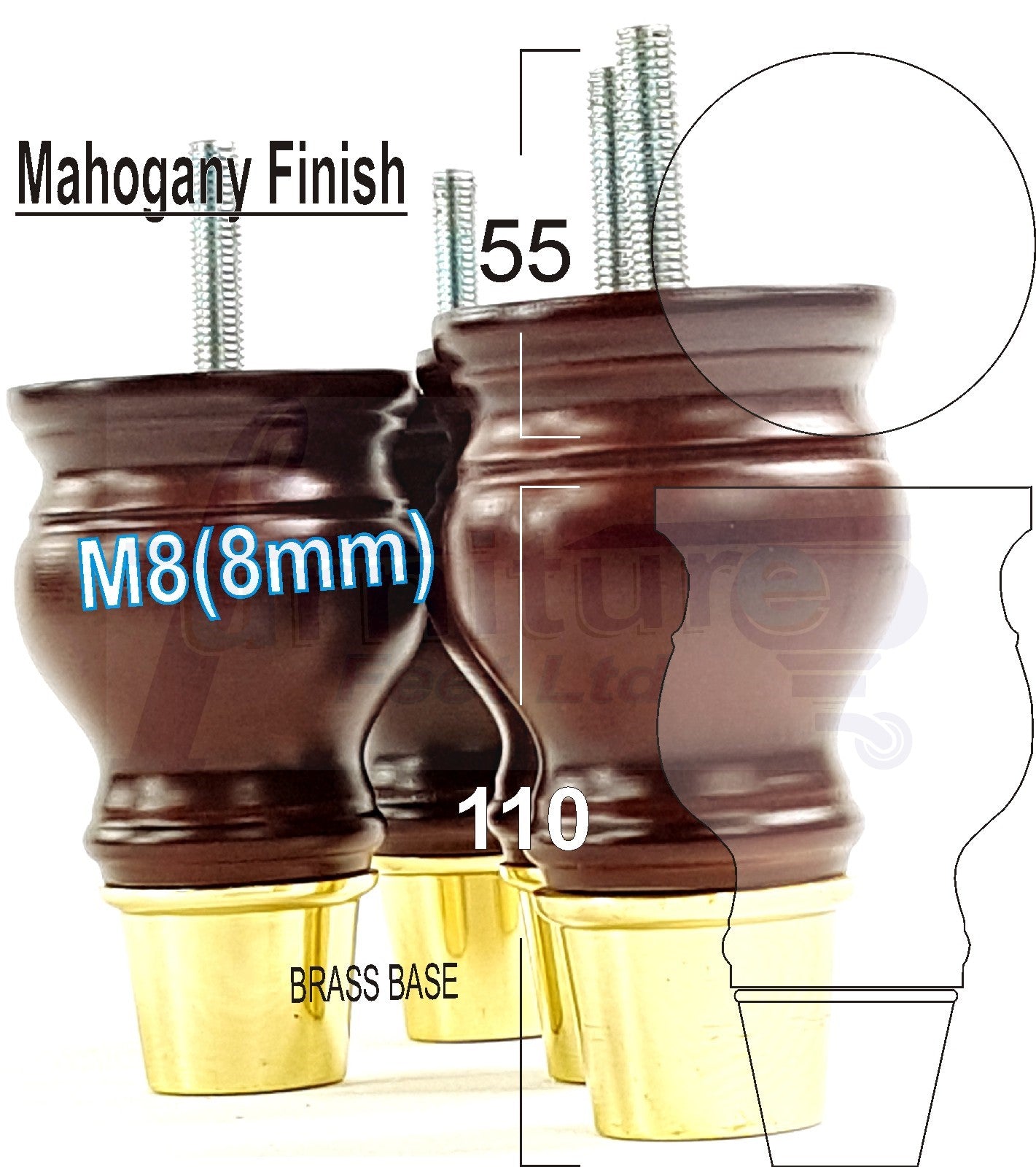 4x Turned Wood Furniture Feet M8(8mm) With Slipper Cup Chair Sofa Settee Legs 110mm