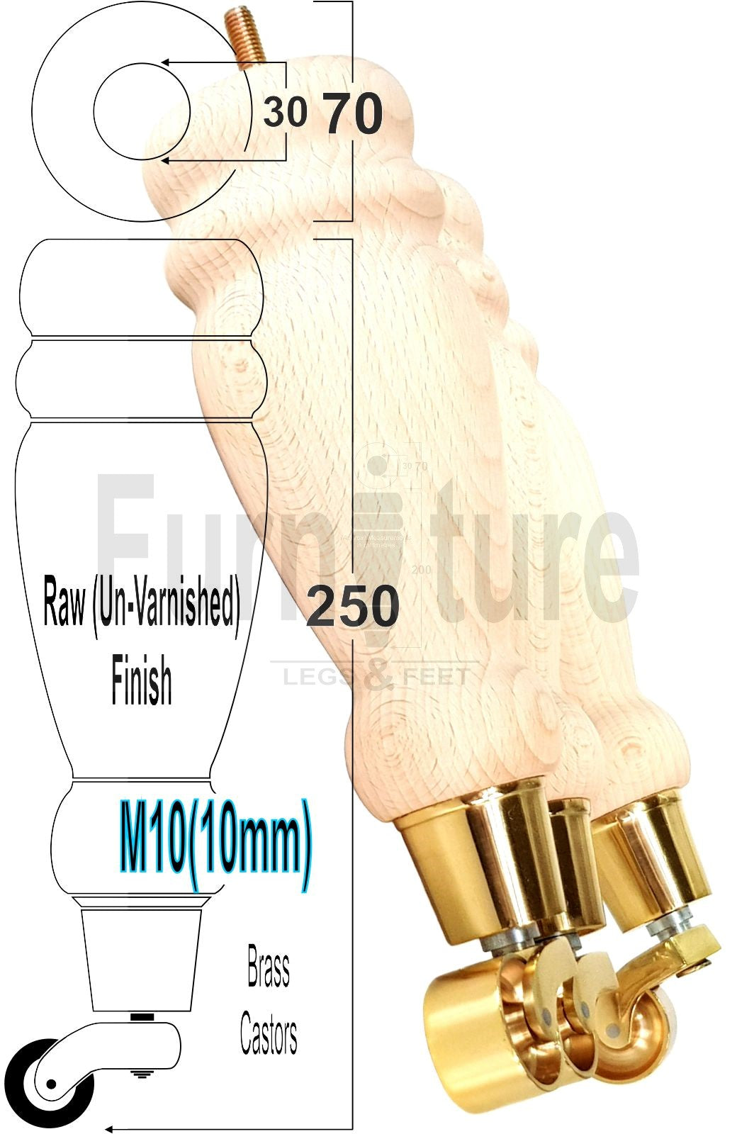 4x Turned Wood Furniture Castor Legs M10 Replacement Feet Chair Sofas Settees 250mm