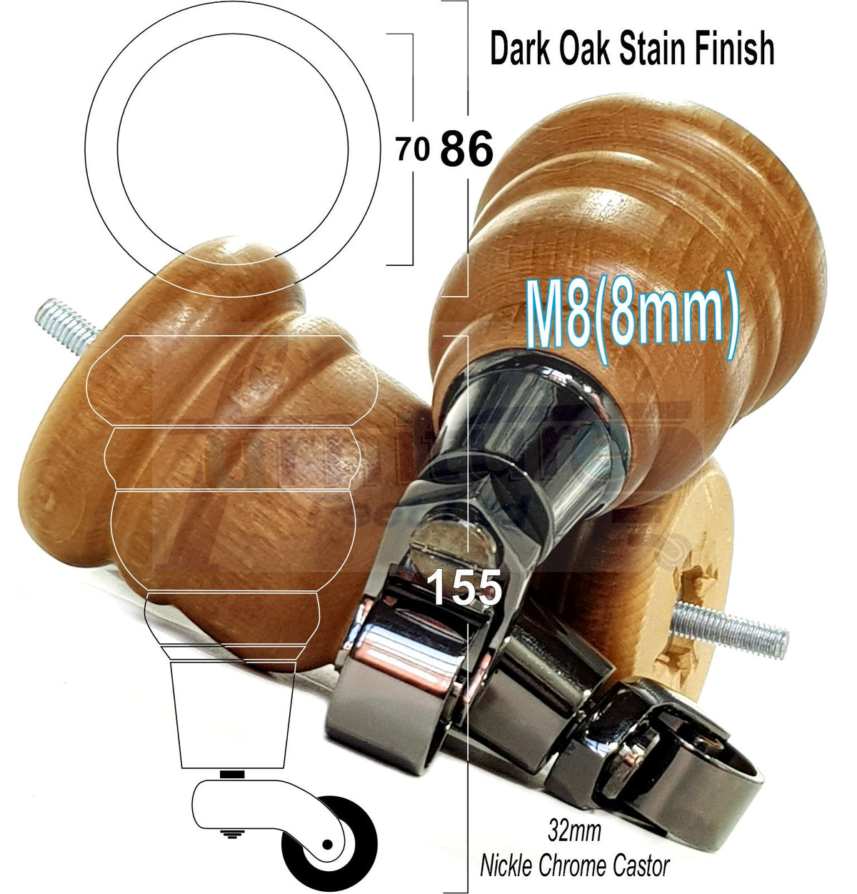 4 Turned Wooden Replacement Furniture Legs with Castors 6 Inch 155mm High Sofa Feet M8 Dowl Fixing - Black Castor