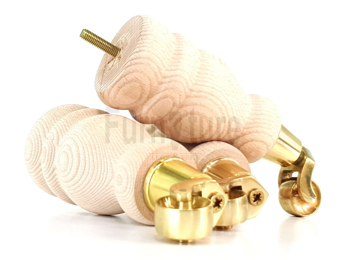 Set Of 4 Wooden Turned Replacement Furniture Legs 200mm High With Brass Castor Wheels 8mm Thread