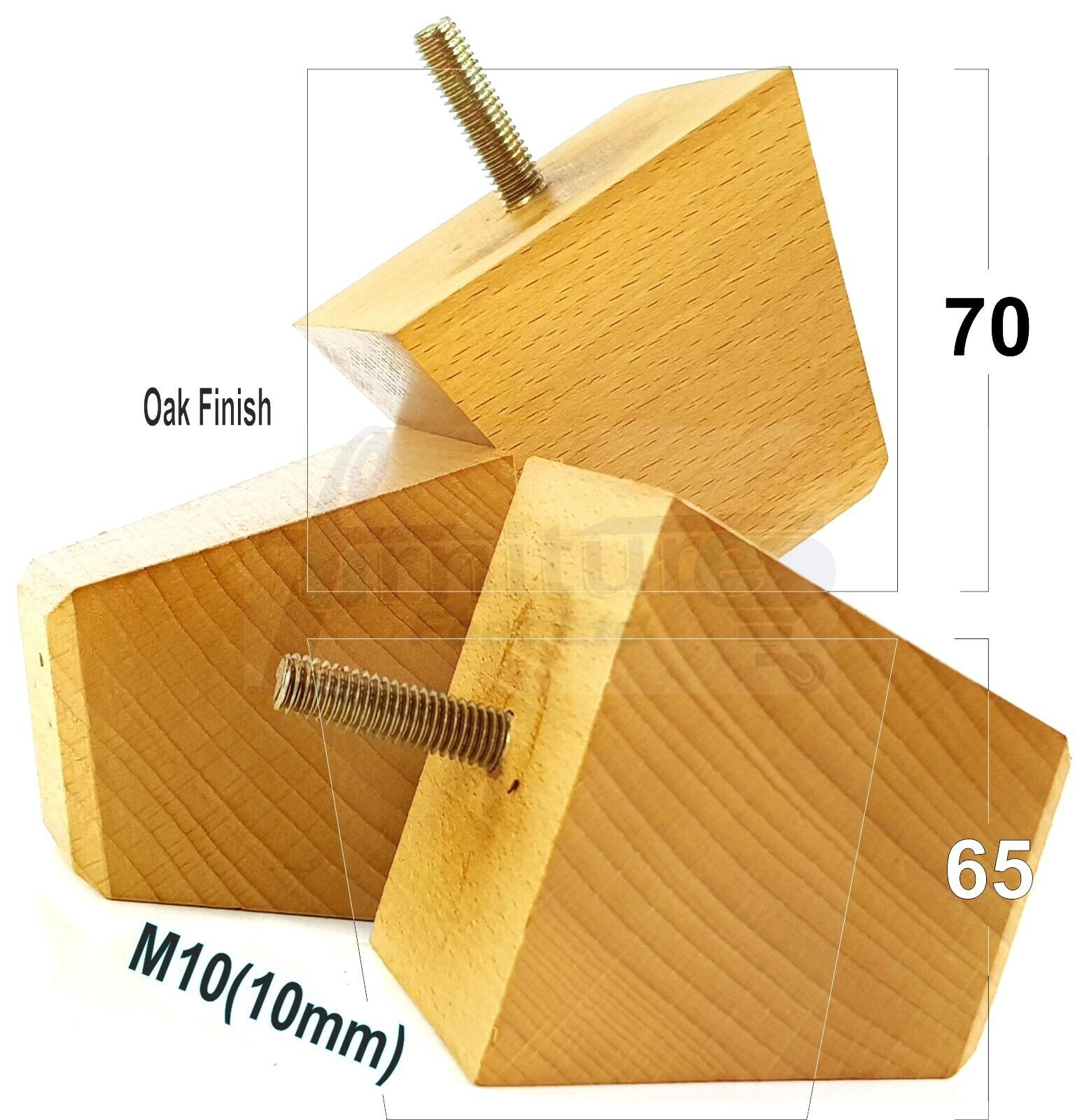 4 Solid Wood Square Furniture Feet Replacement Legs 65mm High M10 Thread