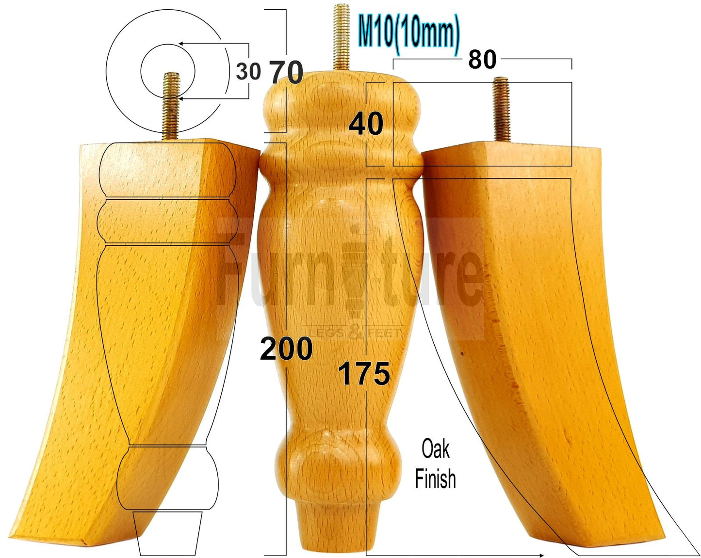 2x Furniture Legs Replacement Sofa Feet 200mm & 2x Curved Legs 175mm for Chairs Sofa Settee M10 Thread
