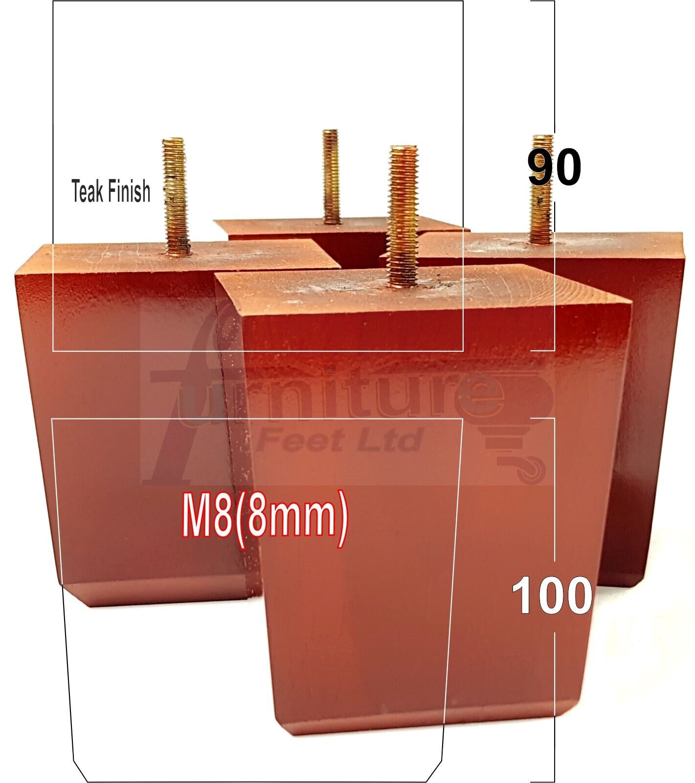 4x Solid Wood Square Furniture Legs Block Replacement Feet 100mm M8(8mm)