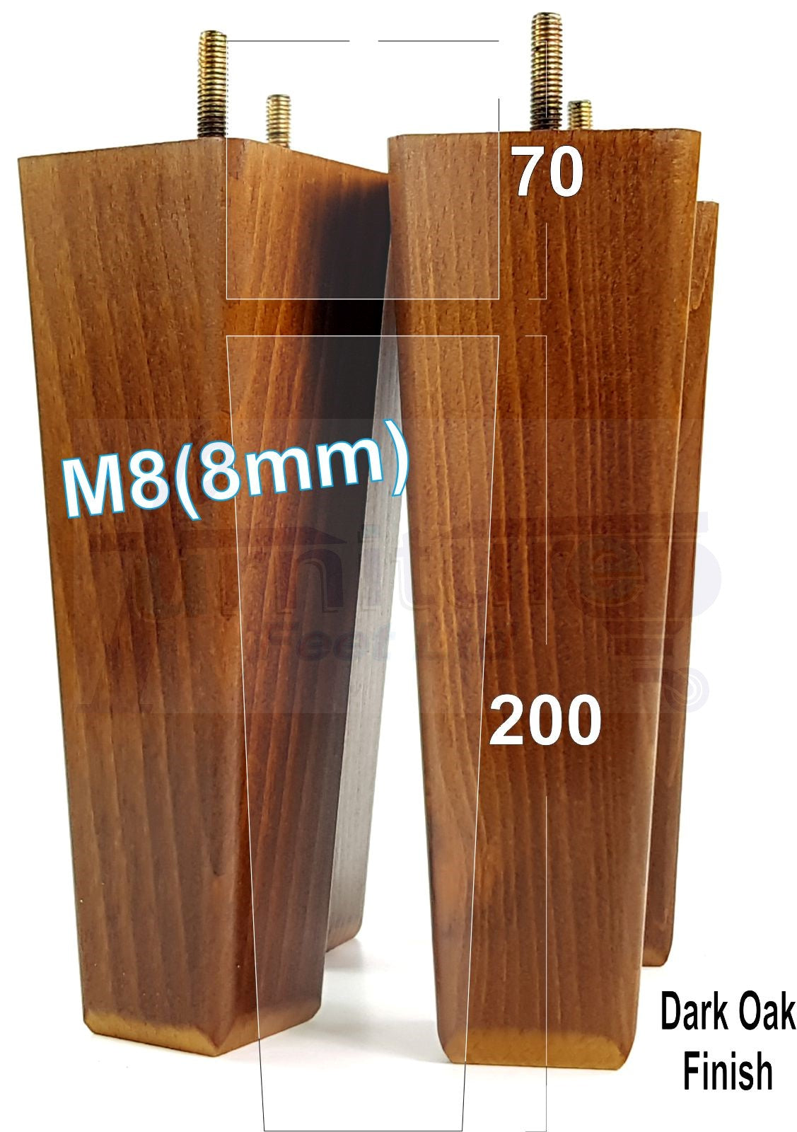 4x Wooden Furniture Legs 200mm High Replacement Square Tapered Feet 8mm Thread