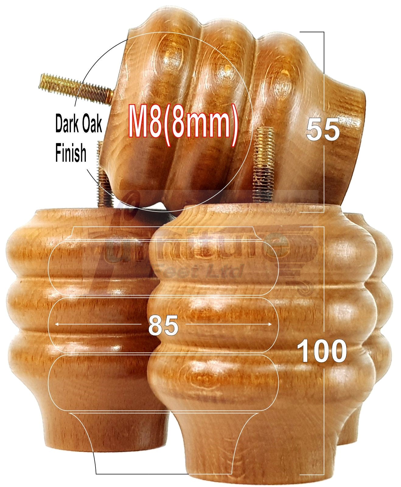 Set Of 4 Solid Wood Turned Furniture Legs Replacement Bun Feet 100mm High 8mm Thread