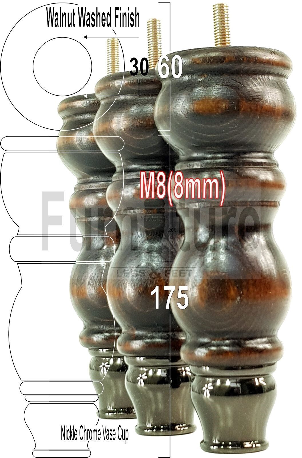 4x Furniture Feet With Slipper Cup 175mm High Legs Dark Walnut Finish Wood M8 Sofas Chairs Cabinets