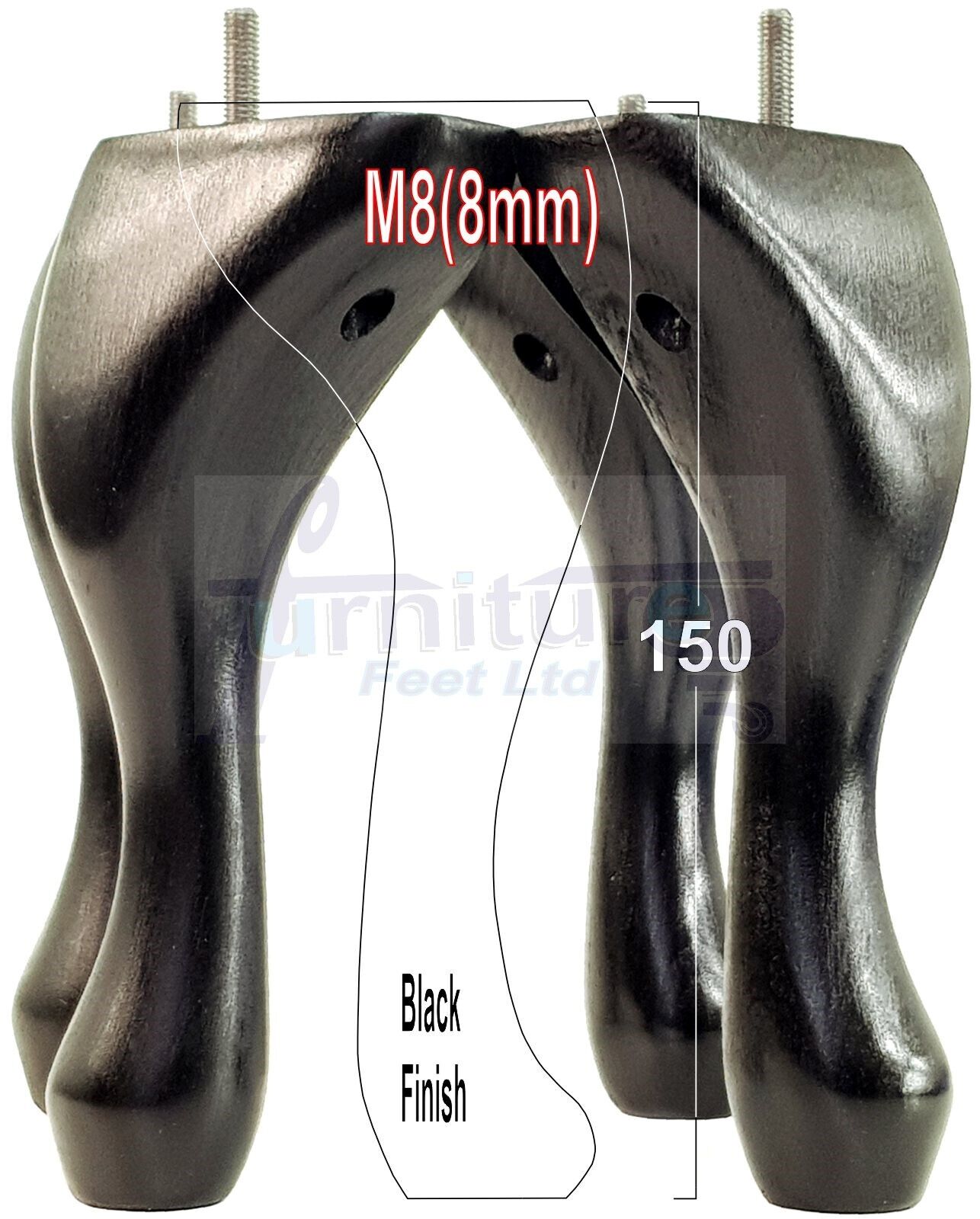 4 Solid Wood Furniture Feet 150mm High Queen Anne Replacement Legs M8 (8mm) 6 Inches Chair Stools Bed Sofa Georgian Style