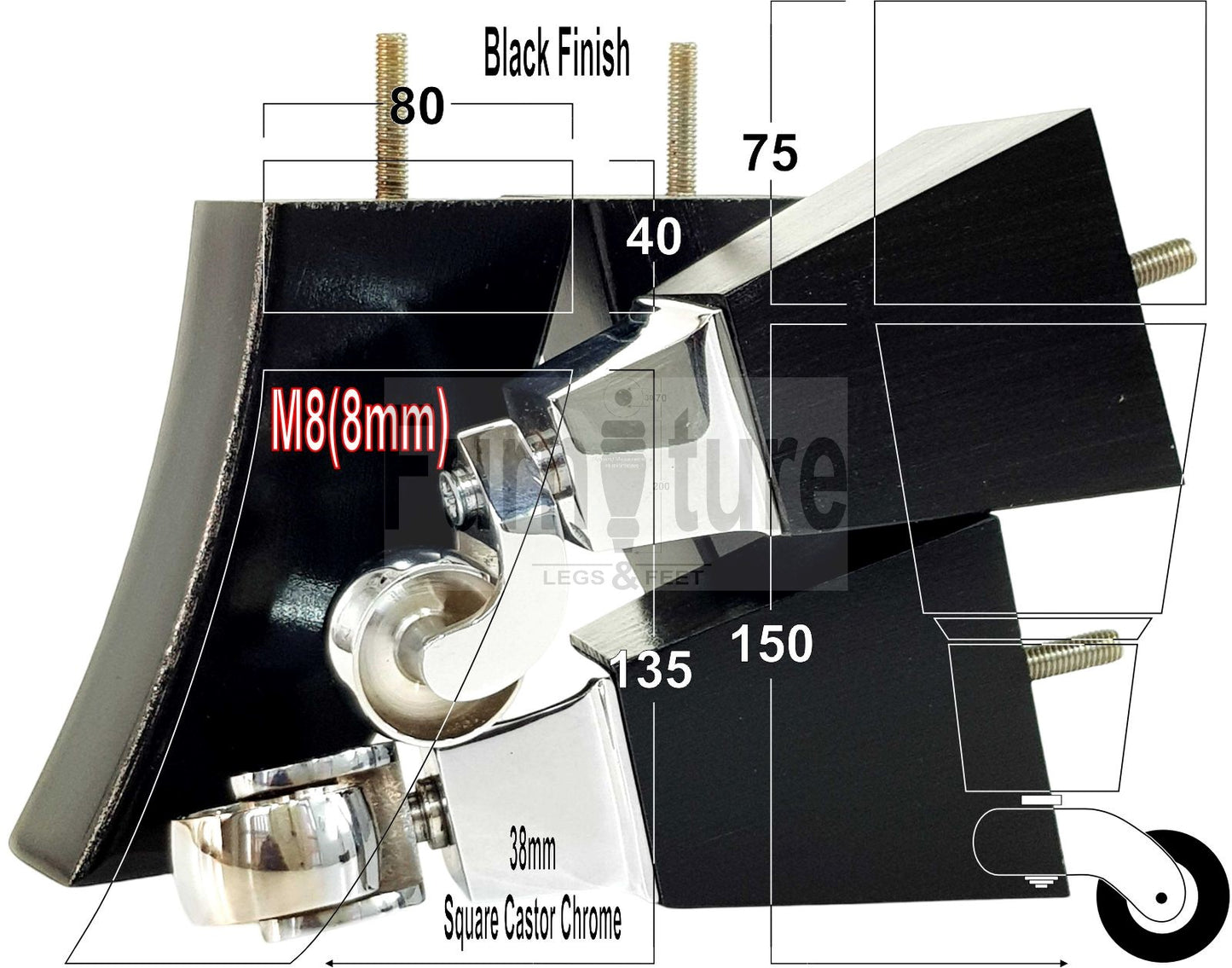 Set Of 4 Block Wood Castor Furniture Feet M8(8mm) For Chairs Cabinets Sofa 15cm High