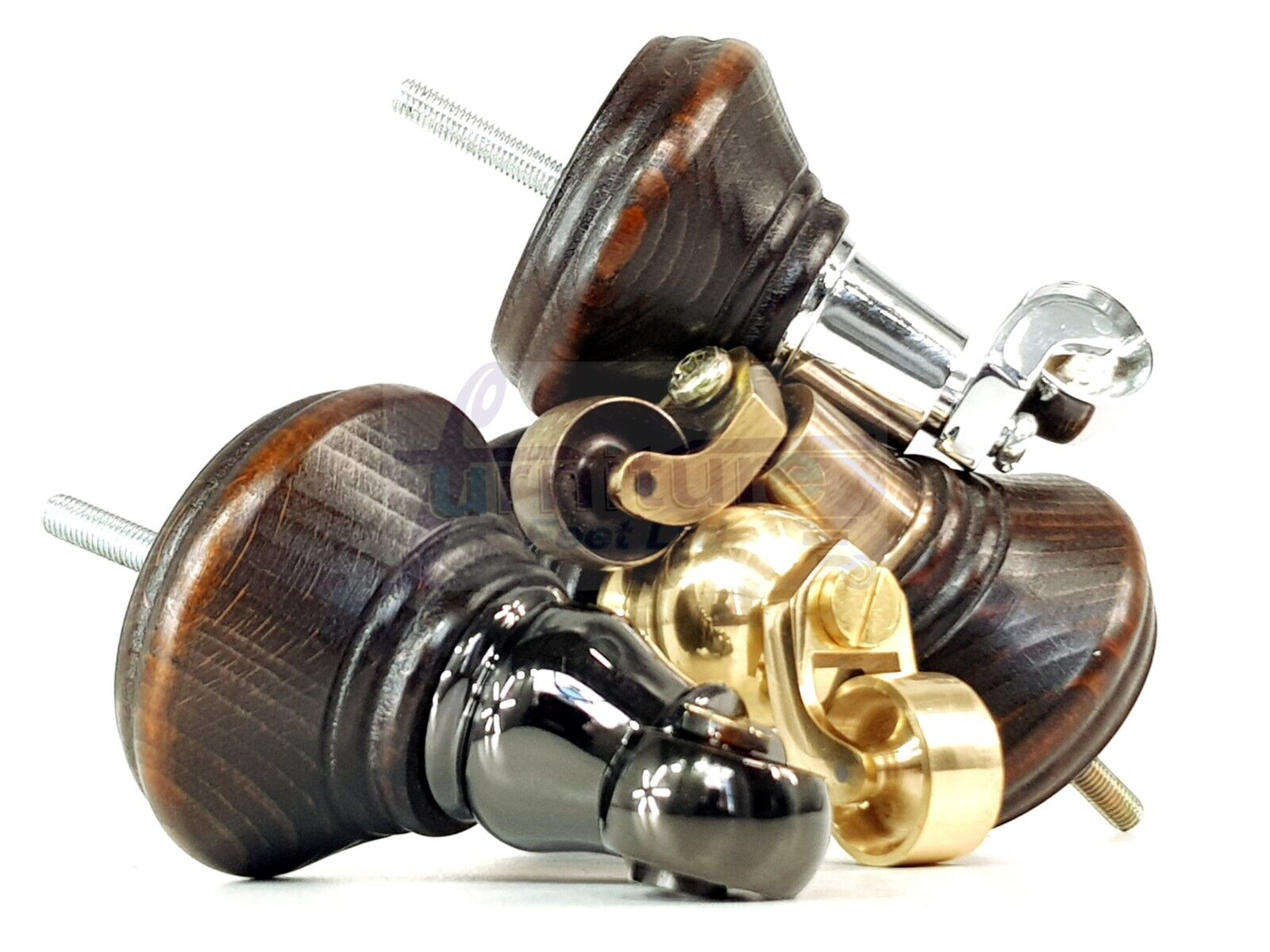 4x Dark Walnut Washed Wooden Furniture Sofa Legs M8 With Castors Replacement Chair Settee Feet 115mm - 125mm High