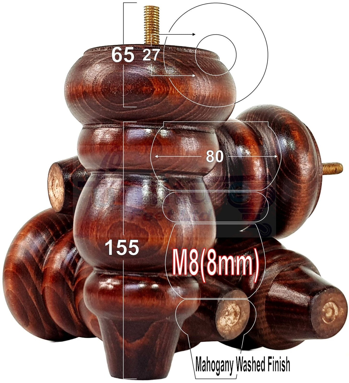 4 Solid Turned Wood Furniture Sofa Leg M8 Chair Settee Footstool Feet 155mm High