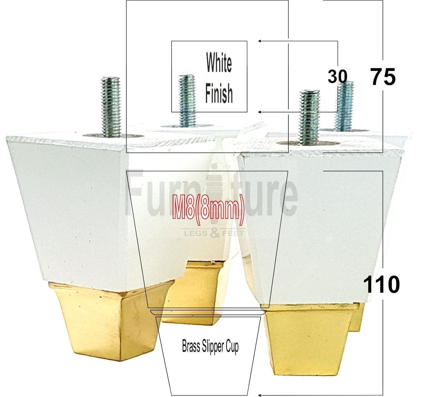 4x Block Wood With A Brass Slipper Cup Furniture Chair Settee Legs M8 Sofa Feet 110mm