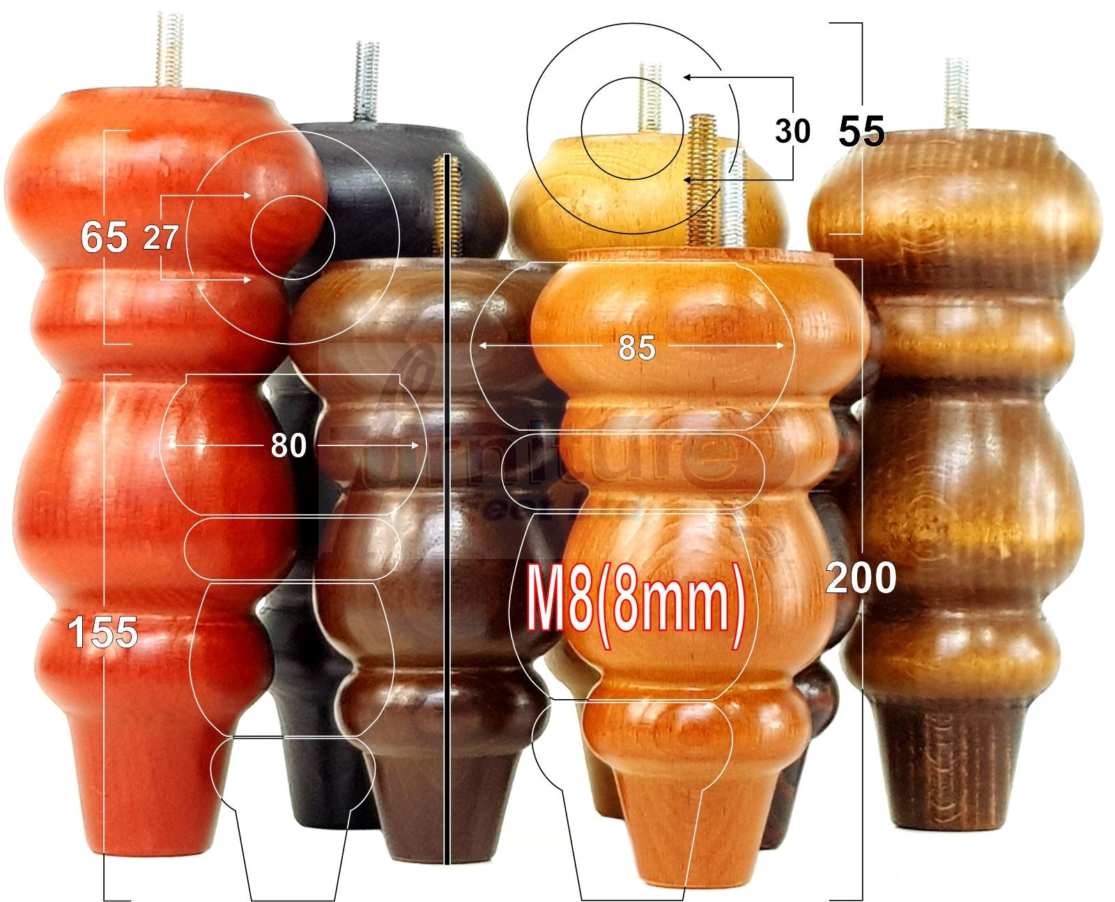 4 Solid Wood Furniture Legs Replacement Turned Feet 200mm High M8(8mm) Thread: Black Washed