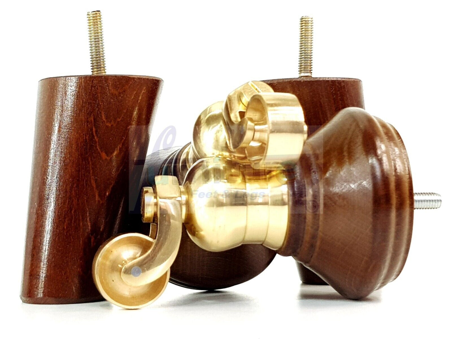 2 Antique Brown Wood Furniture Sofa Legs With Castor 125mm & 2 Angled Back Feet Chair Settee 100mm High M8