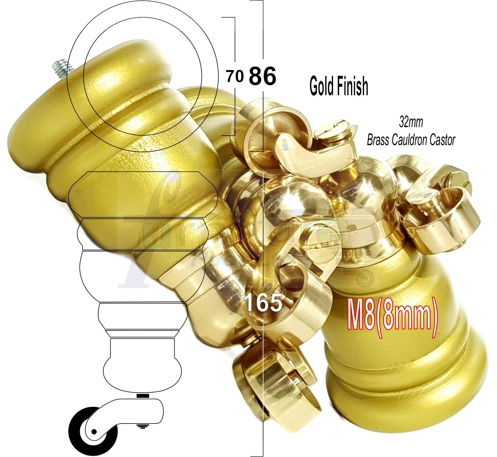 4 Turned Wood Furniture Feet With Brass Cauldron Castors 160mm Legs Sofas Chairs Stools Cabinets Beds M8 6 Inches