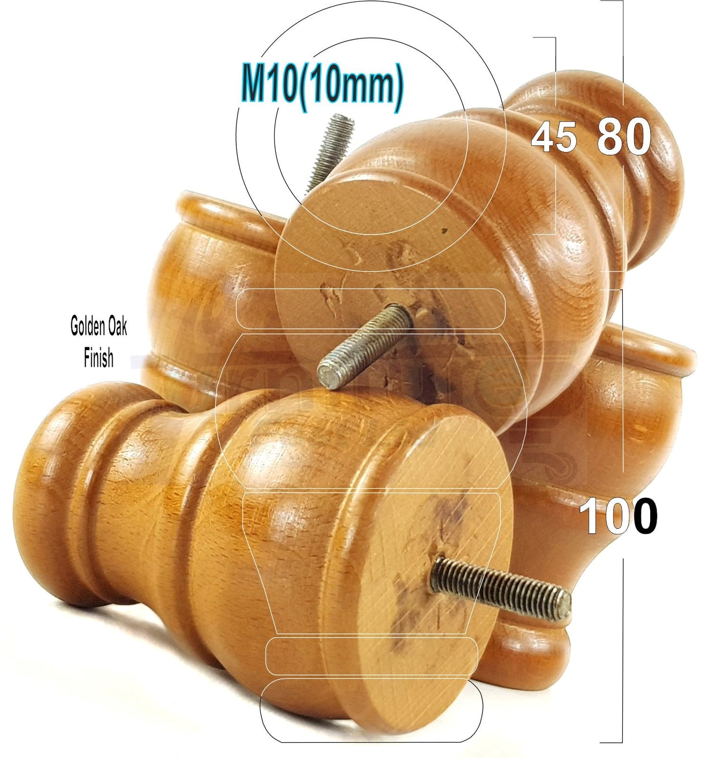 4 Turned Wood Furniture Legs Replacement Sofa Settee Chair Bed Feet 100mm High M10 Thread