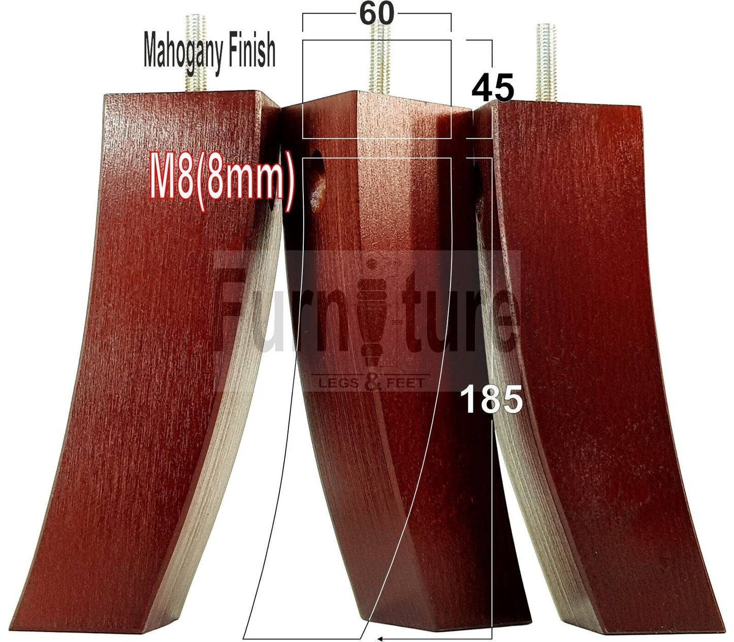 Set Of 4 Solid Wood Curved Furniture Feet Replacement Legs 185mm High M8(8mm)