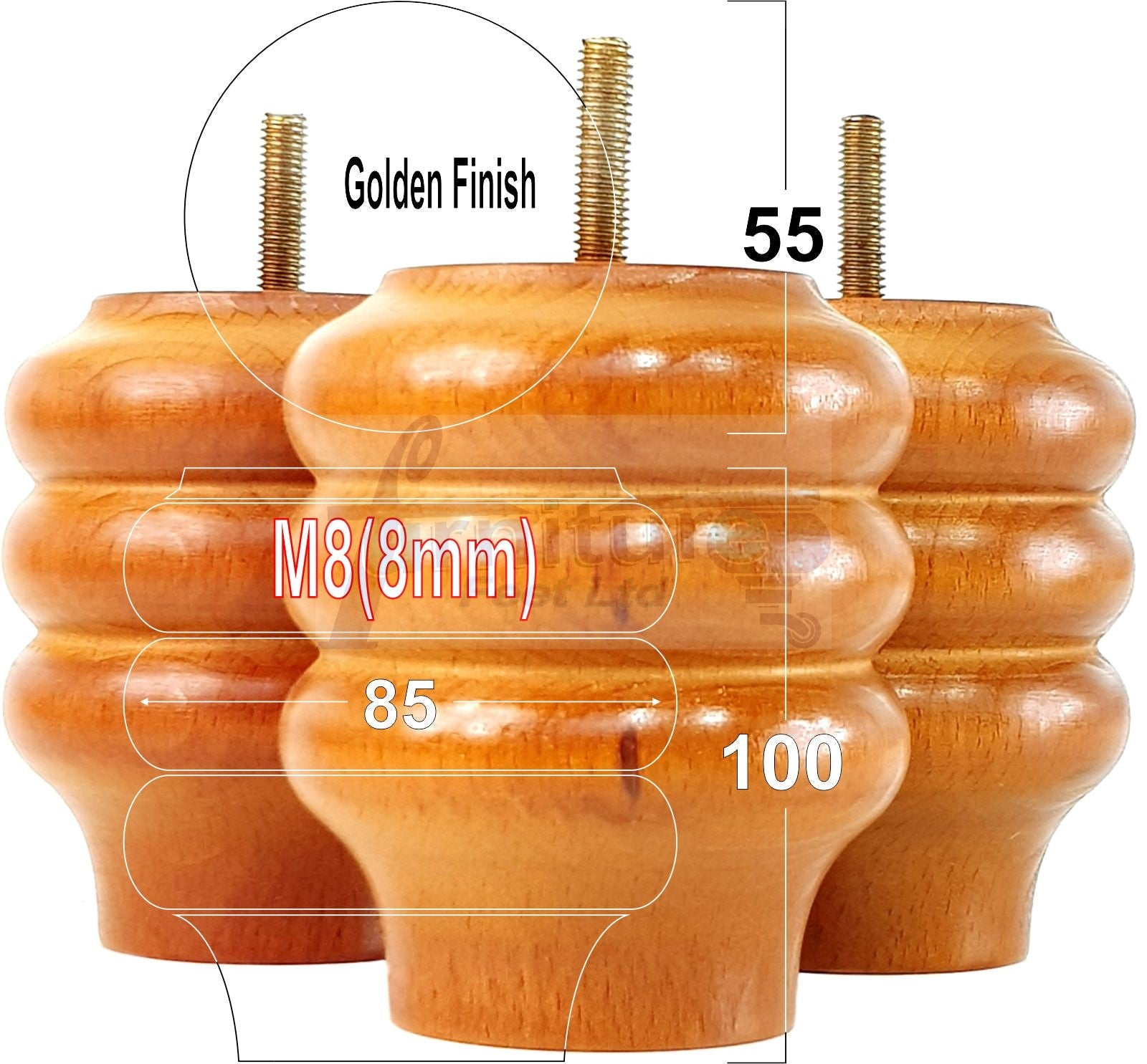 Set Of 4 Solid Wood Turned Furniture Legs Replacement Bun Feet 100mm High 8mm Thread