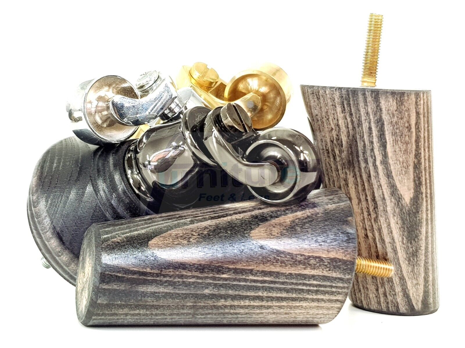 2 Black Washed Wood Furniture Sofa Legs With Castor 125mm & 2 Angled Back Feet Chair Settee 100mm High M8