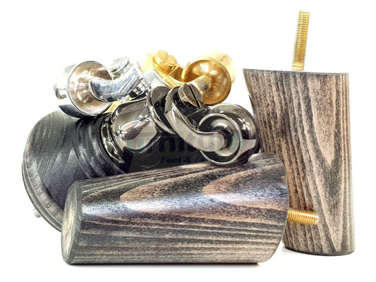 2 Black Washed Wood Furniture Sofa Legs With Castor 125mm & 2 Angled Back Feet Chair Settee 100mm High M8