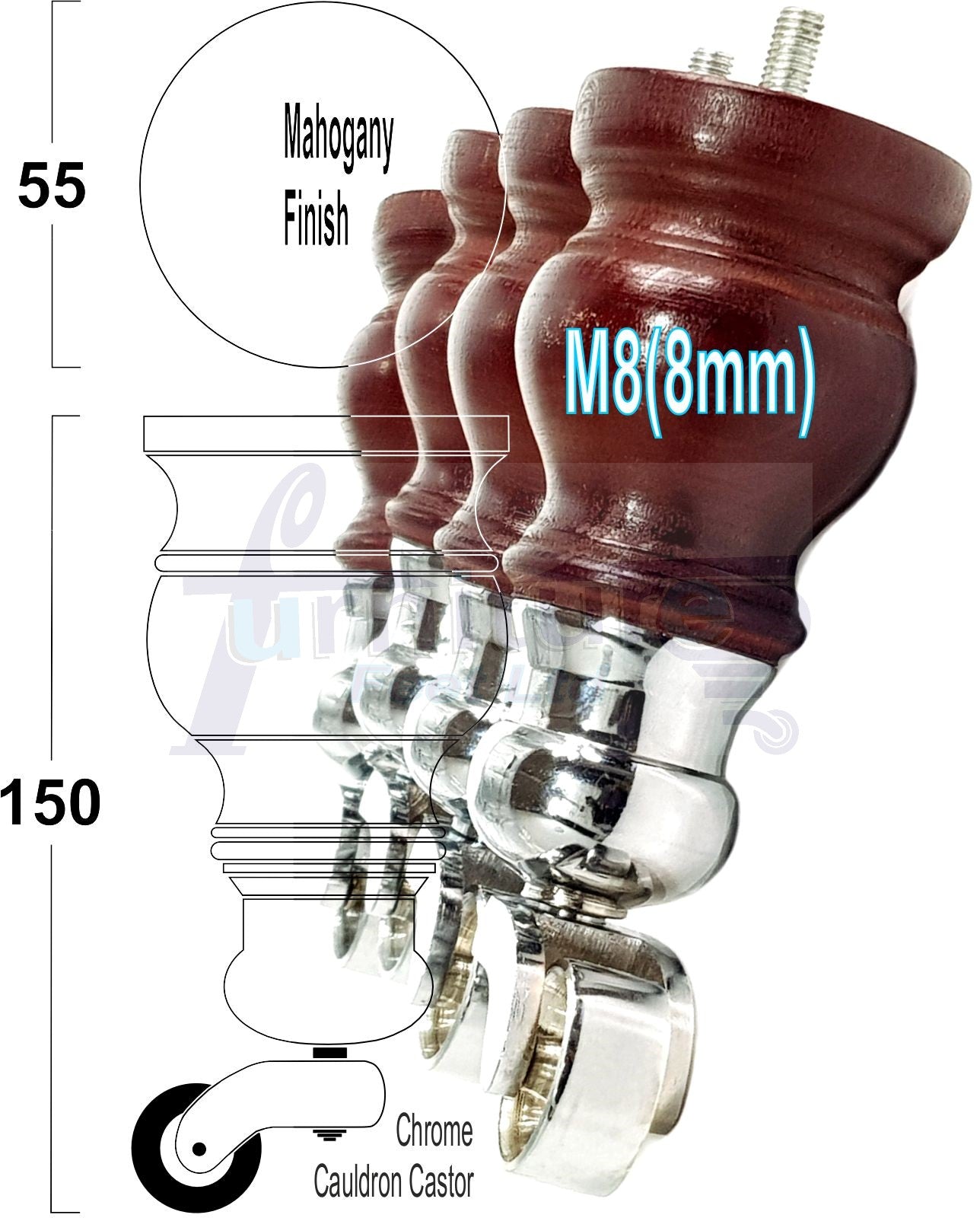 Set Of 4 Turned Wood Furniture Legs With140mm High Castor 8mm Thread For Chairs Settees & Cabinets