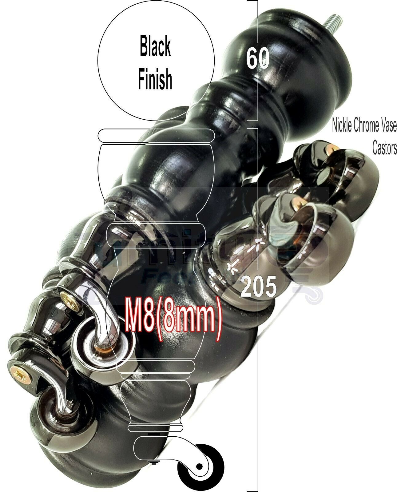 4x Furniture Feet With Castor 205mm High Legs Black Wood M8 Sofas Chairs Stools Cabinets 8 Inches Tall