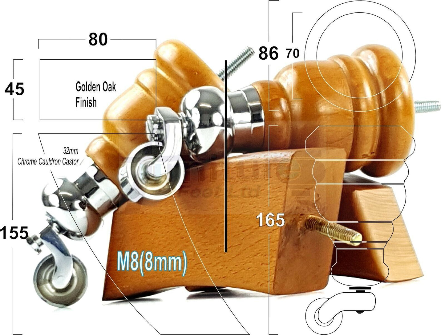 Turned Wood Furniture Feet Golden Oak 2 With Castors 155mm and 2 Curved Back Legs Sofas Chairs Stools Cabinets Beds M8 6 Inches
