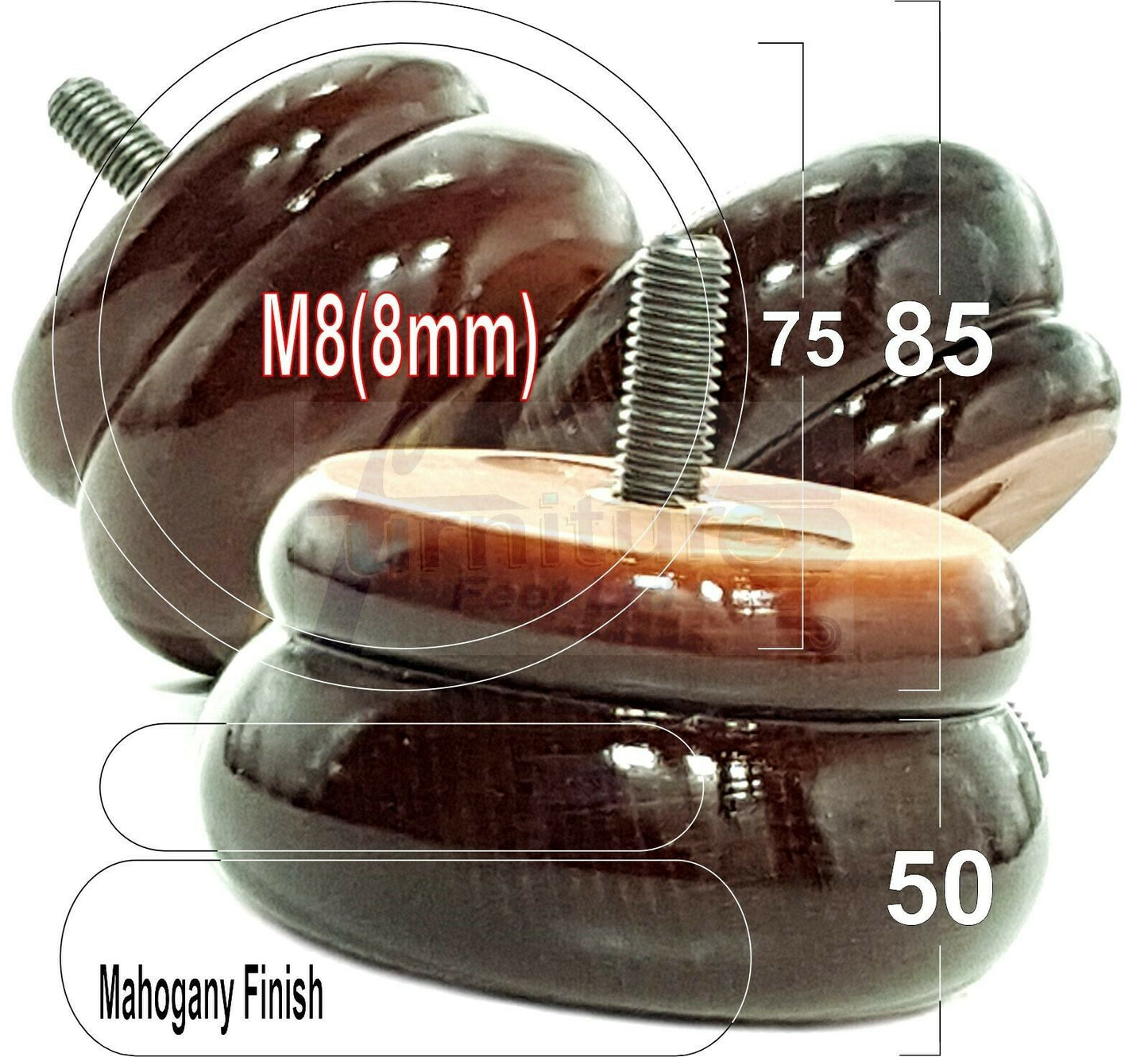 Set Of 4 Turned Wooden Furniture Legs Replacement Bun Feet 50mm High 8mm Thread