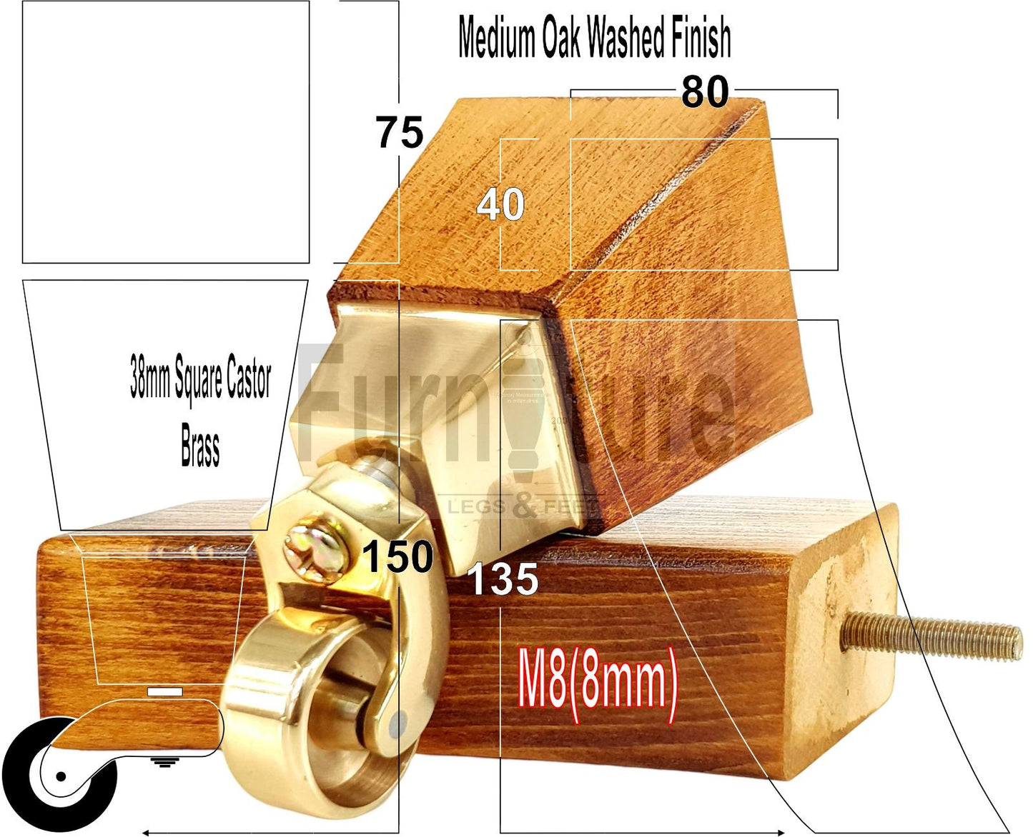 2x Cuved Wood Furniture Legs & 2x Castor Feet 150mm High For Chairs Sofas Settees 8mm Thread