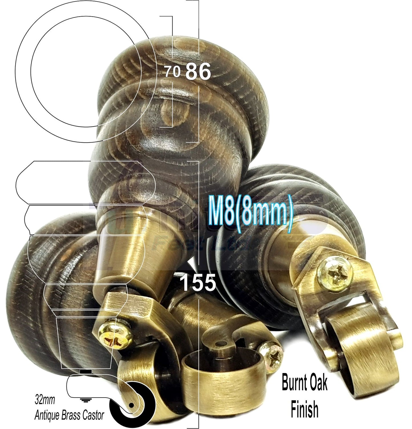 4 Turned Wood Furniture Feet With Antique Brass Castors 155mm Legs Sofas Chairs Stools Cabinets Beds M8 6 Inches