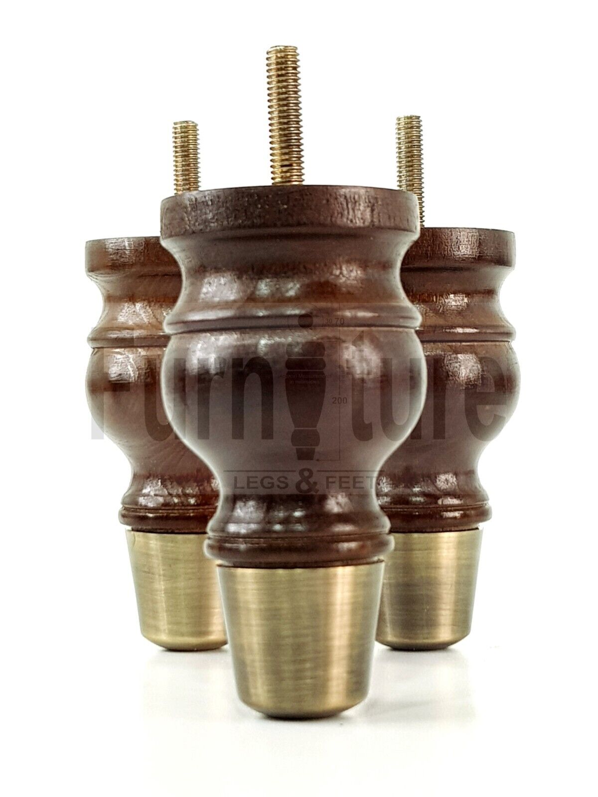 4x Turned Wooden Furniture Leg Antique Brass Slipper Cup Sofa, Chair Feet 110mm High M8