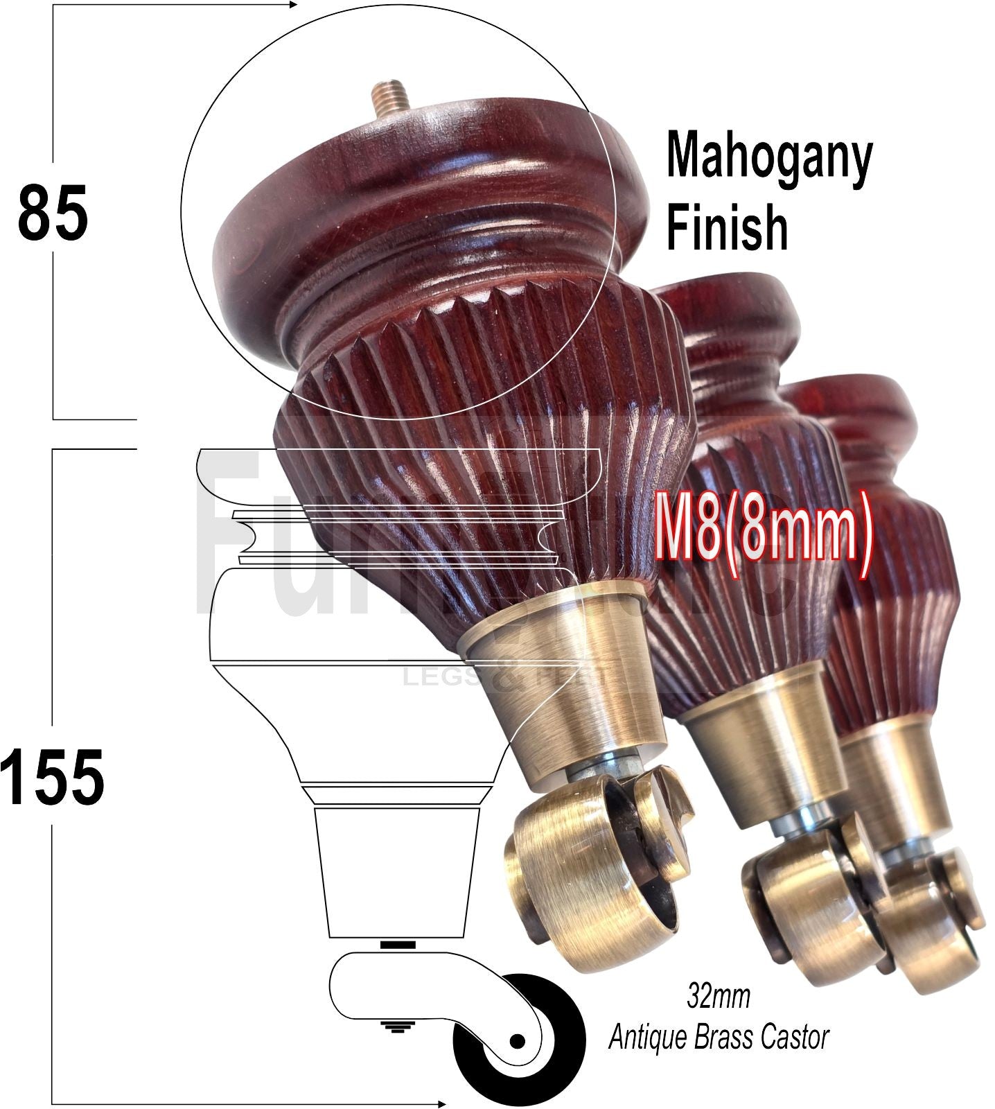 Wood Furniture Legs Replacement Feet 6 Inches with Antique Brass Castors 155mm High M8 Dowl Fixing - Mahogany Finish