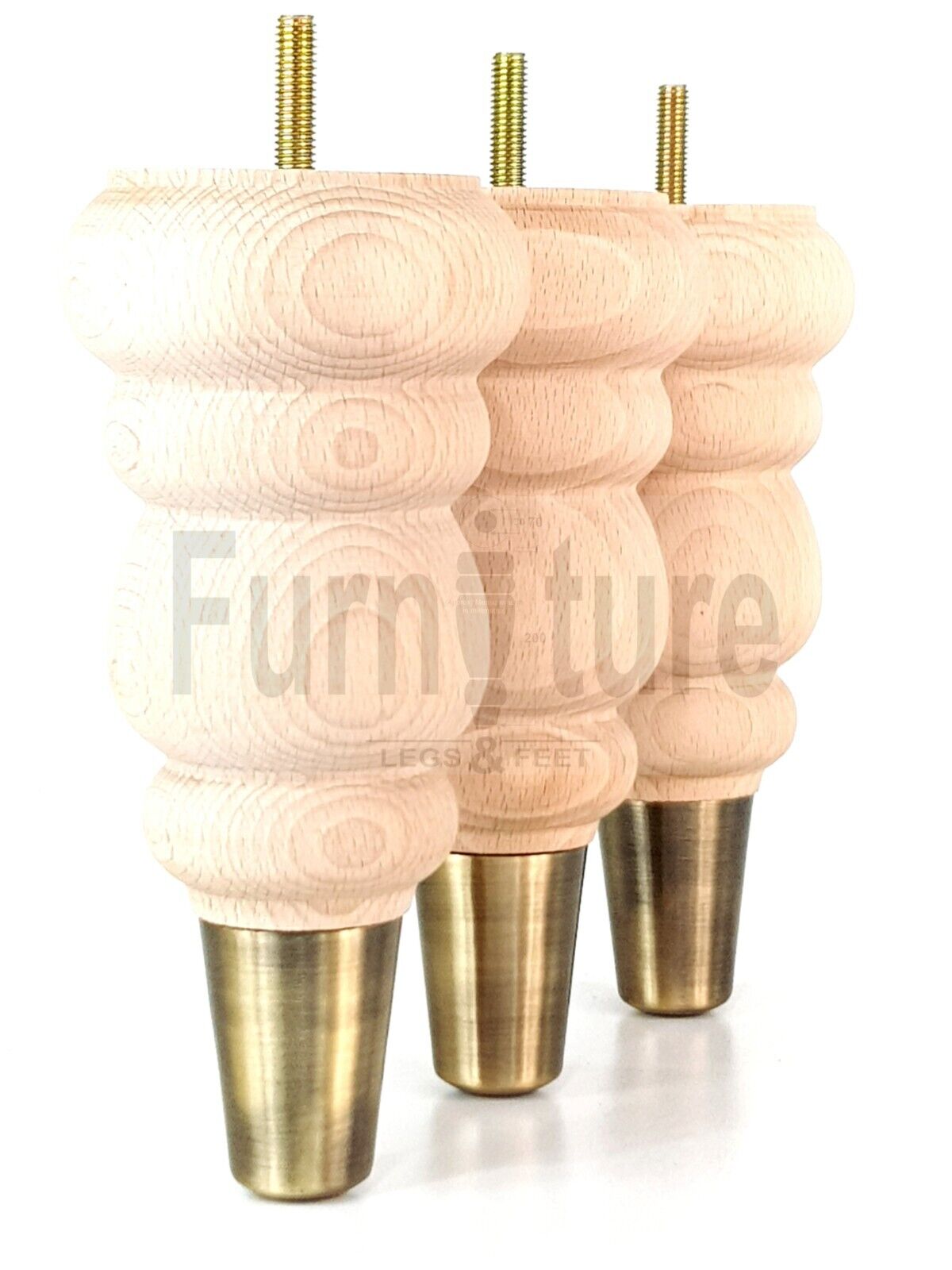 4x Round and Turned Wood Furniture Legs With Brass Slipper Cups Replacement Feet 185mm High 8mm Thread