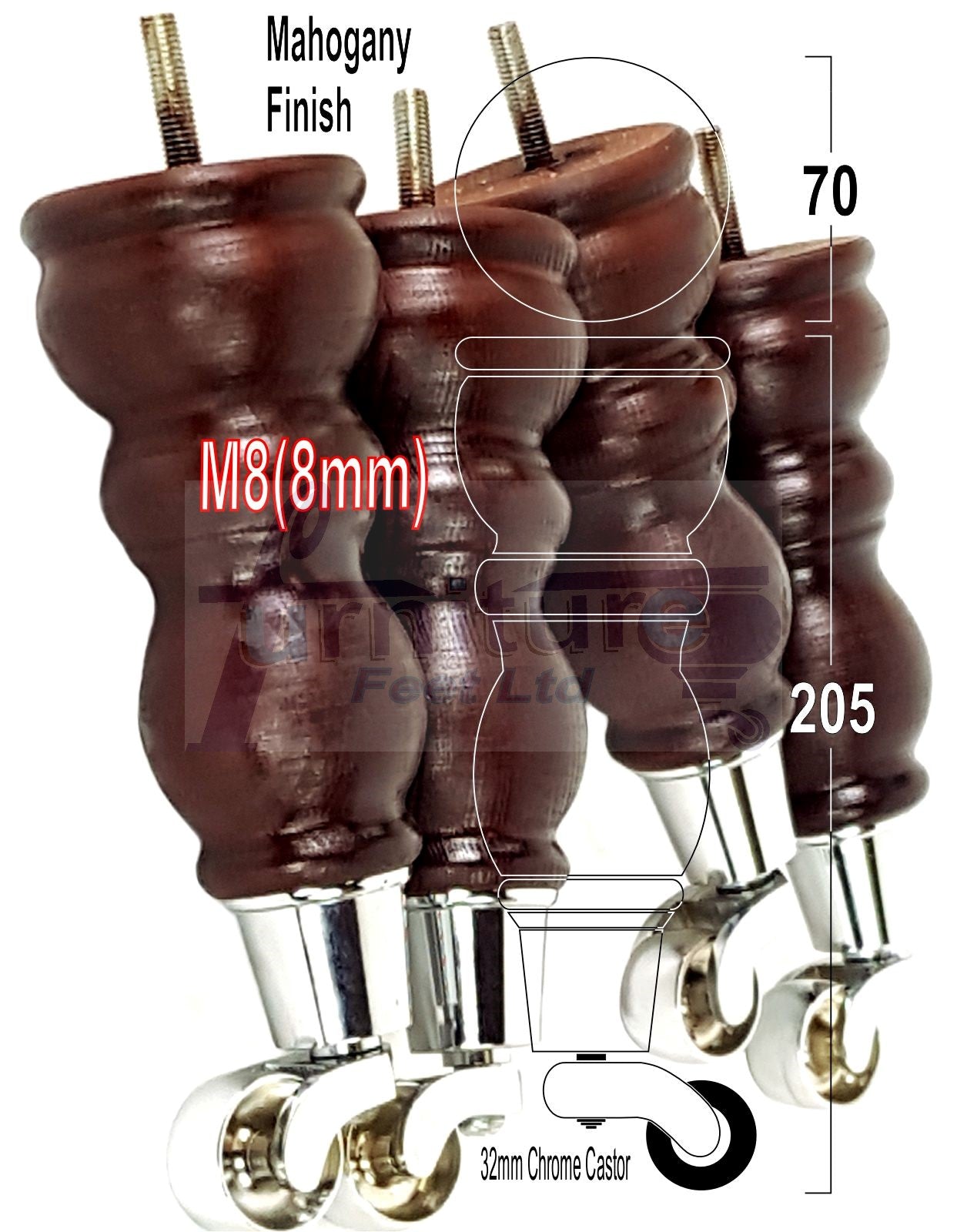 4 Turned Solid Wood Furniture Feet With Castor 205mm High Legs Mahogany Finish M8 Dowl Fixing 8 Inches Tall